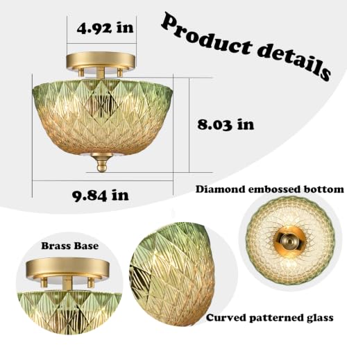 Semi Flush Mount Ceiling Light with Green & Amber Glass Shade