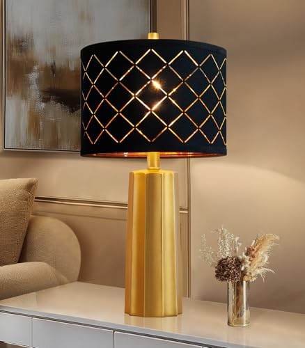 24" Modern Table Lamp for Living Room Bedroom Black Grid Shade