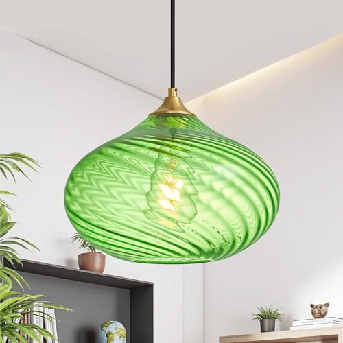 11in Gold Pendant Lights Kitchen Island with Green Glass Shade 1Pack