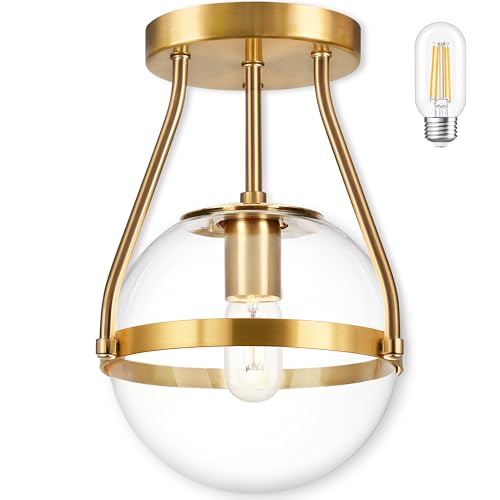 8 Inch Mid Century Ceiling Light Modern Gold Semi Flush Mount Ceiling Light with Clear Glass Shade Globe Semi Flush Mount Ceiling Light Fixture for Bedroom Hallway Bathroom Foyer