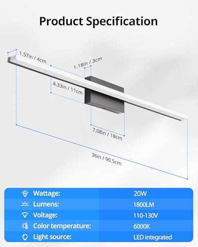 LED Bathroom Vanity Light Bar 36 Inch 20W Black IP44 Over Mirror Lighting Fixture Wall Sconce Indoor Modern Cool White 6000K