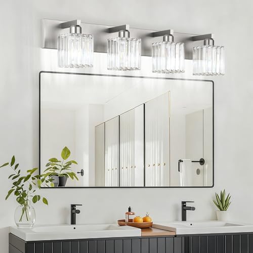 Brushed Nickel Bathroom Lighting Fixtures 4 Light Crystal Modern Bathroom Vanity Light