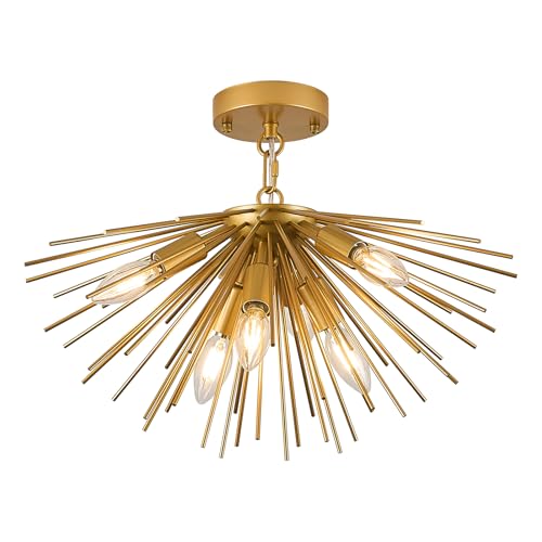 Gold Sputnik Ceiling Light 6 Light Starburst Light Fixture Solid Metal