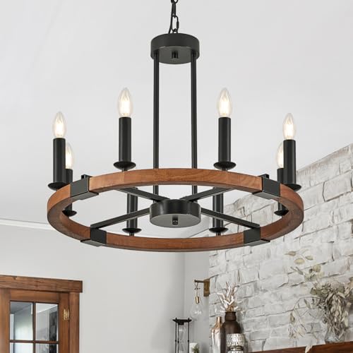 Farmhouse Walnut Wood Wagon Wheel Chandelier 8 Light Rustic Light Fixtures