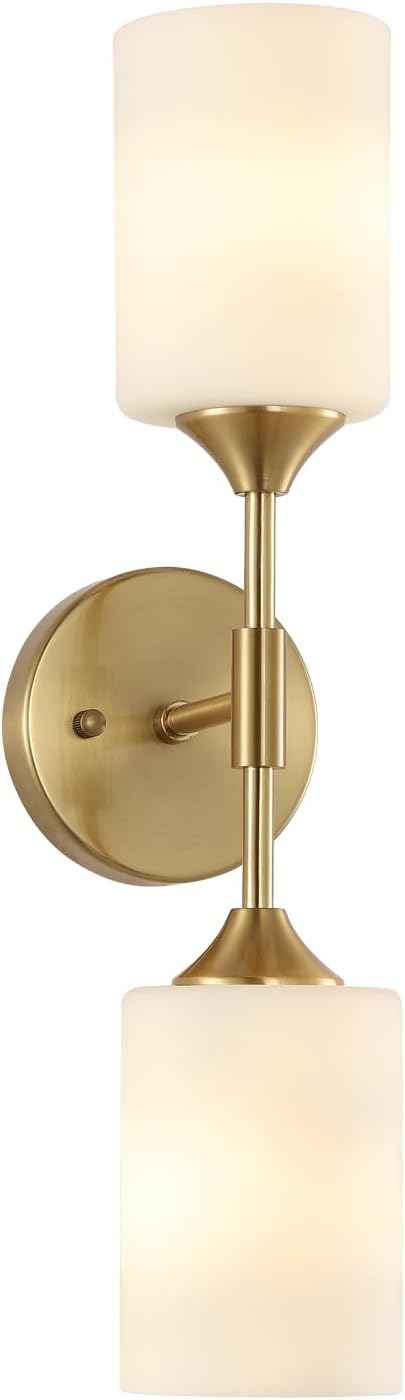 2-Lights Gold Wall Sconce with White Cylinder Glass Shades Modern Mid Century Bathroom Vanity Wall Light Fixtures Industrial Brushed Brass Wall Lamp for Bedroom Mirror Living Room Restaurant