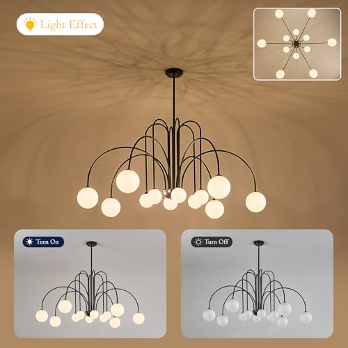Black Sputnik Chandelier with Milk Glass Globe 12 Lights L52 Inch