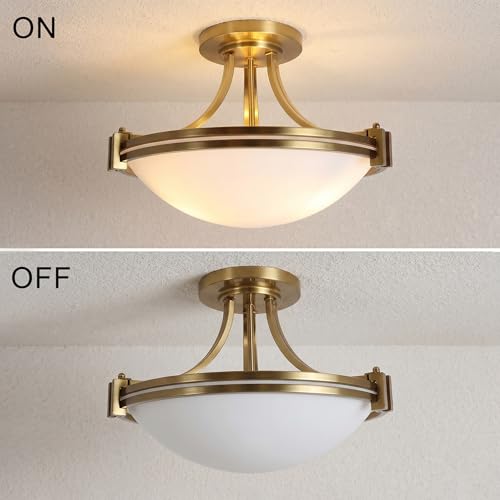 Semi Flush Mount Ceiling Light Fixture 12 inch Brushed Gold Light Fixture with Milk Glass for Bedroom Kitchen Bathroom Hallway Foyer Dinning Room Hall Entryway ETL Certified (2 Count)
