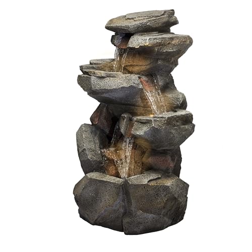 40" Tall Outdoor Multitiered Rock Waterfall Floor Fountain with LED Lights