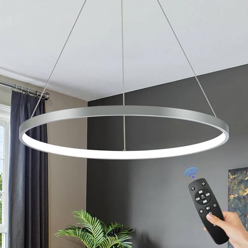 Nickel LED Ring Chandelier 24" Remote Control Dimmable Flush Mount Pendant Chandelier for Dinning Room Office Kitchen Living Room