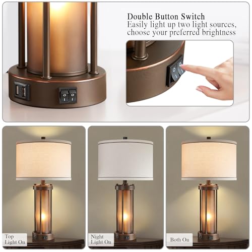 Farmhouse Table Lamps for Living Room with USB C+A Ports