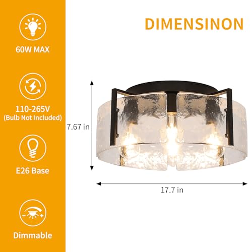 Modern 4 Light Flush Mount Ceiling Light with Hammered Glass Shade
