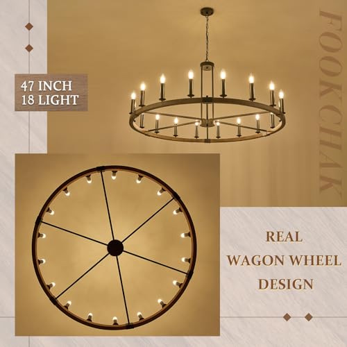 Farmhouse Walnut Wood Wagon Wheel Chandelier 47" 18 Light Round Chandeliers
