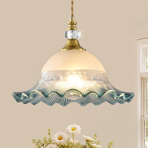 1 Pack Vintage Brushed Gold Crystal Blue Glass Pendant Light Fixture (Golden And Blue / 1-Light)
