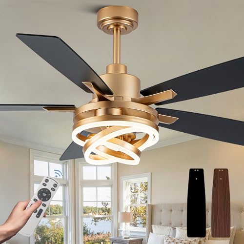 52" Black and Gold Ceiling Fans with Lights Modern Chandelier Fan