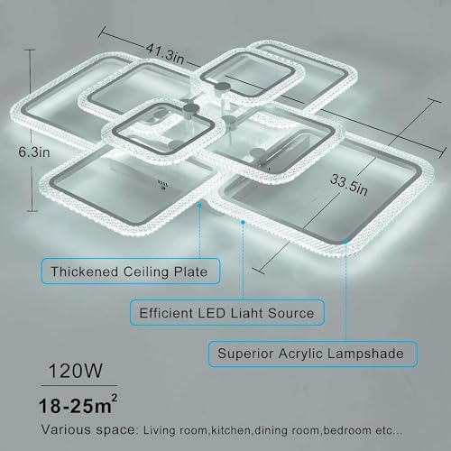 41.3in Modern LED Ceiling Light Fixture Dimmable Crystal Flush Mount Led Ceiling Lights 8 Square Frame with Remote Ceiling Lamps for Living Room Kitchen Bedroom