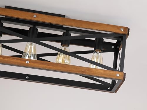 5 Light Large Rustic Farmhouse Wood Flush Mount Ceiling Light Fixture 31.5 inch Oak Wood and Metal Rectangular Track Semi Flush Mount Ceiling Light for Kitchen Living Room Bedroom Indoor