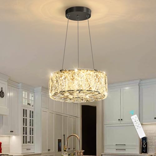 Modern Crystal Chandelier for Dining Room Dimmable LED Pendant Ceiling Light Fixtures with Remote for Entrance Bedroom Kitchen Island Black