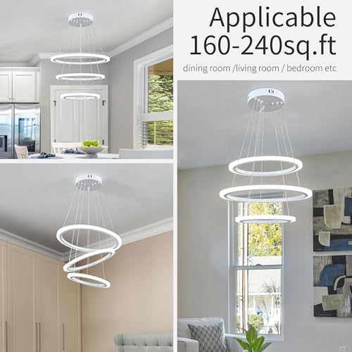 Modern LED Chandeliers White Pendant Light Fixture 3 Ring Flush Mount Chandeliers with Adjustable Hanging Cord for Bedroom
