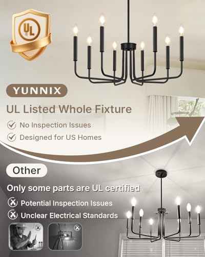 Yunnix 8 Light Black Chandelier, Farmhouse Chandelier for Dining Room Light Fixture Hanging, UL Listed Industrial Modern Chandelier for Bedroom, Foyer, Kitchen, Living Room, No Assembly Required