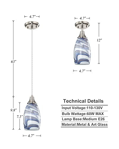 Mini Art Glass Pendant Lights Kitchen Island Blown Glass Pendant Lighting with Brushed Nickel Finish Adjustable Cord Ceiling Hanging Lamp for Hallway