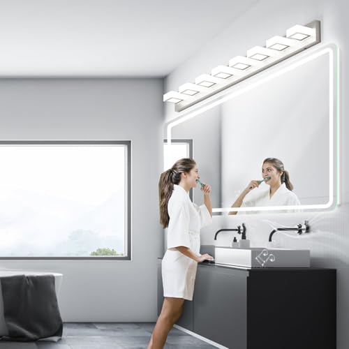 52inch Brushed Nickel Vanity Lights 8 Lights Dimmable 5 Color Temperature Acrylic Modern LED Bathroom Vanity Lighting Fixtures Brushed Nickel