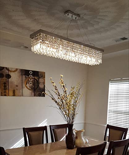 Rectangle K9 Crystal Chandelier Modern Rectangular Pendant Light Fixture for Dining Room Kitchen Island Chrome L40 x W10 x H10