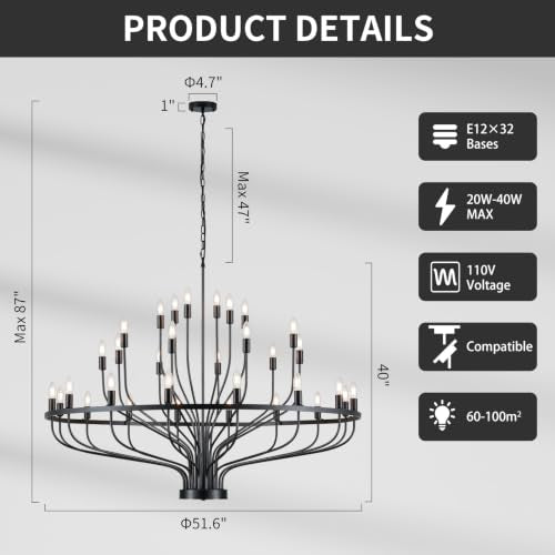 51.2" Large Black Industrial Chandelier