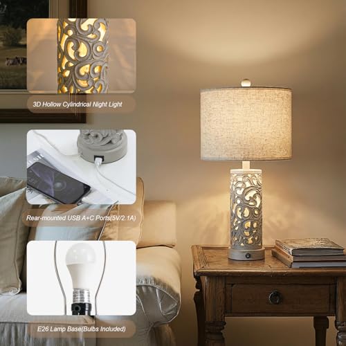 Bedside Table Lamps Set of 2 with Night Light (2 Count)
