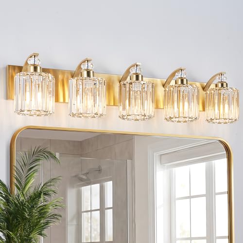 5 Lights Brushed Brass Bathroom Light Fixture Gold Vanity Lights Modern Crystal Bathroom Vanity Lighting Over Mirror Wall Sconce with K9 Crystal Shade E26 Base for Living Room