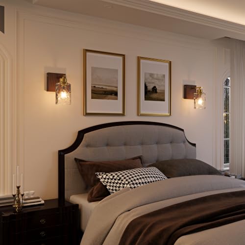 Hammered Glass Battery Operated Wall Sconces Set of Two Gold & Walnut