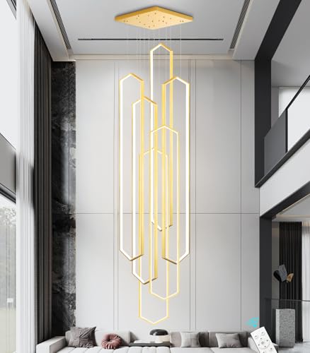 6 Rings Gold Modern Long Large Chandelier Dimmable LED High Ceiling Chandelier for Living Room Foyer Staircase Enterway Big Hanging Light Fixture Modern Ceiling Light