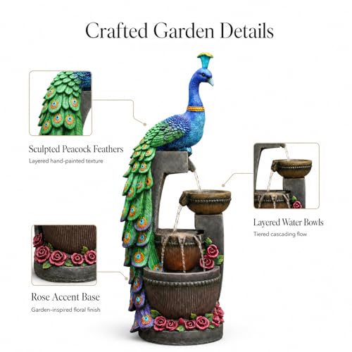 Outdoor Water Fountain 41" H Cascading Peacock Waterfall Fountain with LED Lights & Pump Tiered Water Feature for Garden