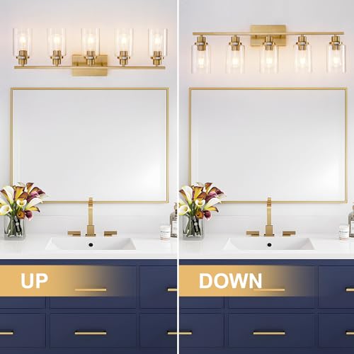 5 Light Gold Bathroom Light Fixtures Brushed Brass Vanity Light Over Mirror Modern Wall Lighting Sconces Wall Lamp for Bathroom (5 Count)