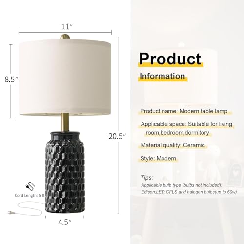 20.5" Black Modern Ceramic Bedside Lamp Set of 2 for Bedroom Decor Farmhouse Table Lamp for Living Room Office Dorm (2 Count)