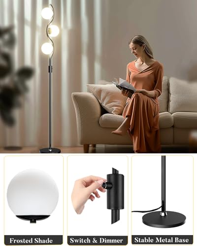 3 Globe Floor Lamp Dimmable Black Floor Lamps with 3 Soft Warm White 3000K Bulbs (3 Count)