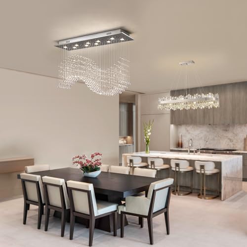 Modern Wave Crystal Chandelier for Dining Room 10 Lights Luxury Rectangular Flush Mount Crystal Ceiling Light for Living Room Kitchen Island Length 40 Inch