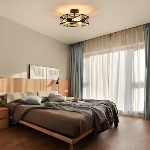 Black Modern Farmhouse Metal Semi Flush Mount Ceiling Light Fixture 14.6 in