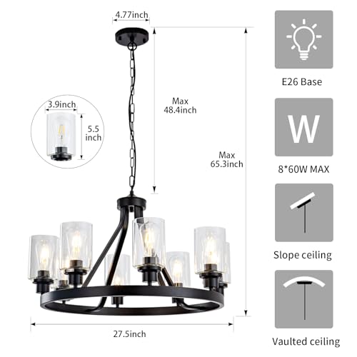 8 Light Black Dining Room Light Fixtures Farmhouse Wagon Wheel Chandelier Kitchen Island Pendant Lights Modern Industrial Rustic Adjustable Height Metal E26