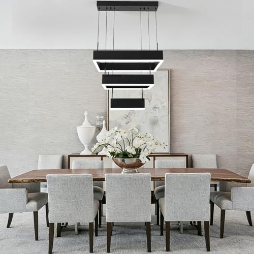 Modern Chandelier 58W LED Black Pendant Light Embedded Mount Square Rings LED Chandeliers Dining Room Light Fixtures for Kitchen Bedroom