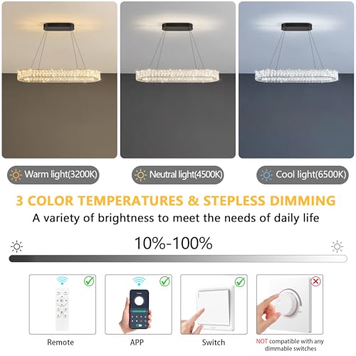 Modern Crystal LED Chandelier Dimmable Oval Chandeliers Rectangular Dining Room Light Fixture with Remote for Living Room Kitchen Island Silver