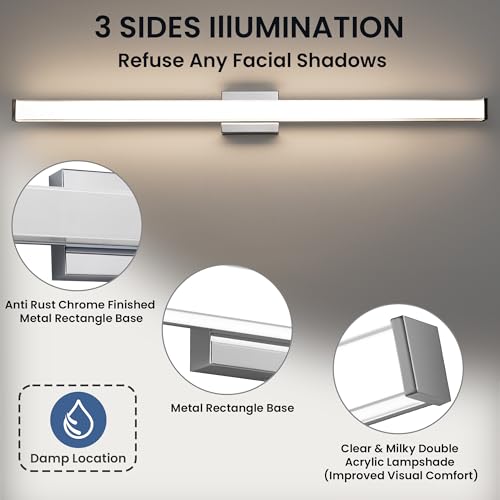 Modern LED Bathroom Vanity Light 48 inch 32W Dimmable 3CCT Bathroom Light Fixture Over Mirror Rectangle Bath Vanity Light Bar with Double Layer Acrylic Shade (48 inch(es))