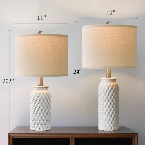 24" Modern Ceramic White Bedside Lamp Set of 2 Table Lamp for Bedroom Decor Farmhouse Table Lamp for Living Room Office Dorm (2 Count)