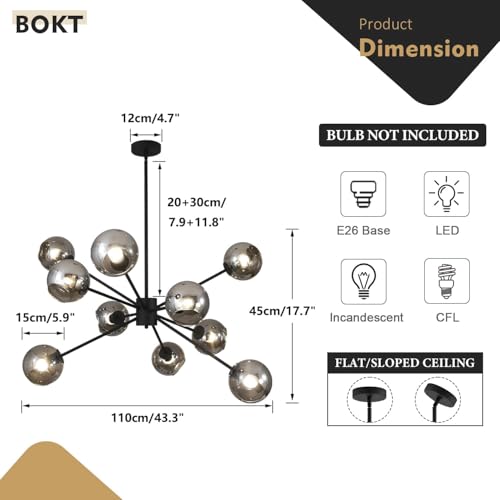 10 Lights Black Sputnik Chandelier Adjustable Modern Large Globe Pendant Hanging Light Mid Century Smoke Grey Glass Sputnik Lights Contemporary Chandelier Dining Room Light Fixtures Over Table