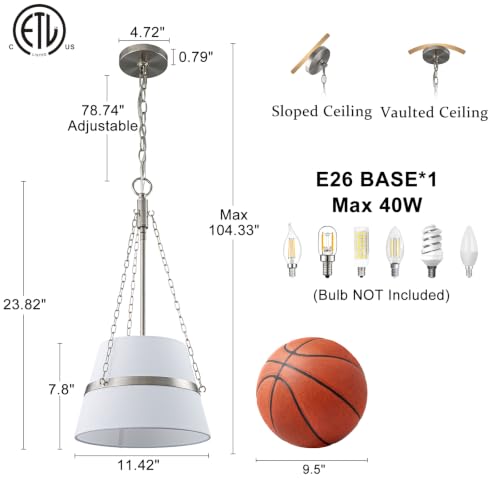 11.4" Brushed Nickel Drum Pendant Lights Kitchen Island White Fabric Shade
