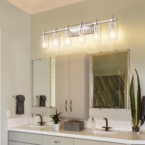 49.2 inch 6 Lights Vanity Light fixtures for Bathroom Vintage Bathroom Light Fixture Brushed Nickel Light Fixtures Above Mirror with Glass Shade