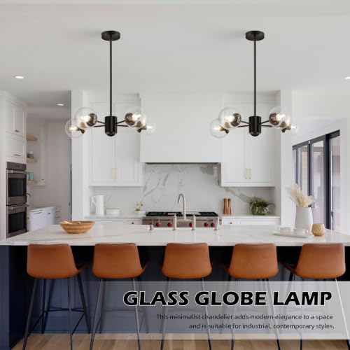 5 Light Globe Sputnik Chandelier Black Mid Century Sputnik Chandeliers Dimmable Globe Pendant Light Matte Black Finished with Clear Glass Lampshade Chandeliers for Dining Room
