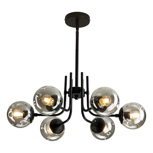 6 Light Glass Globe Sputnik Chandeliers Modern Matte Black Ceiling Light Fixture Semi Flush Mount Ceiling lamp for Living Room Dining Room Farmhouse Bedroom Kitchen