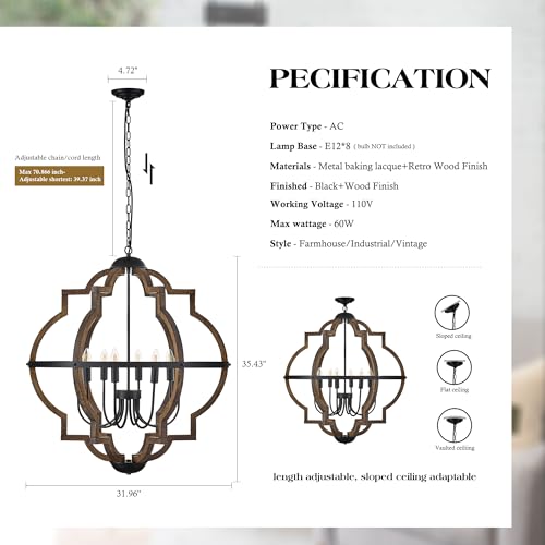 31.96" 8 Light Brown Oak Wood Drum Pendant Light for Dining Room