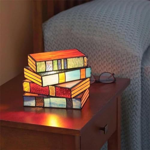 RERUICO Stained Glass Stacked Books Lamp Vintage Desk Lamp Small Reading Book Lamp Decor Stained Glass Nightlight