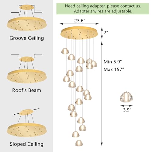 Gold Modern Crystal Chandelier for Staircases 157" Long Adjustable Ceiling Light for Entrance 3000K LED Hanging Lighting Living Room Hallway Entryway